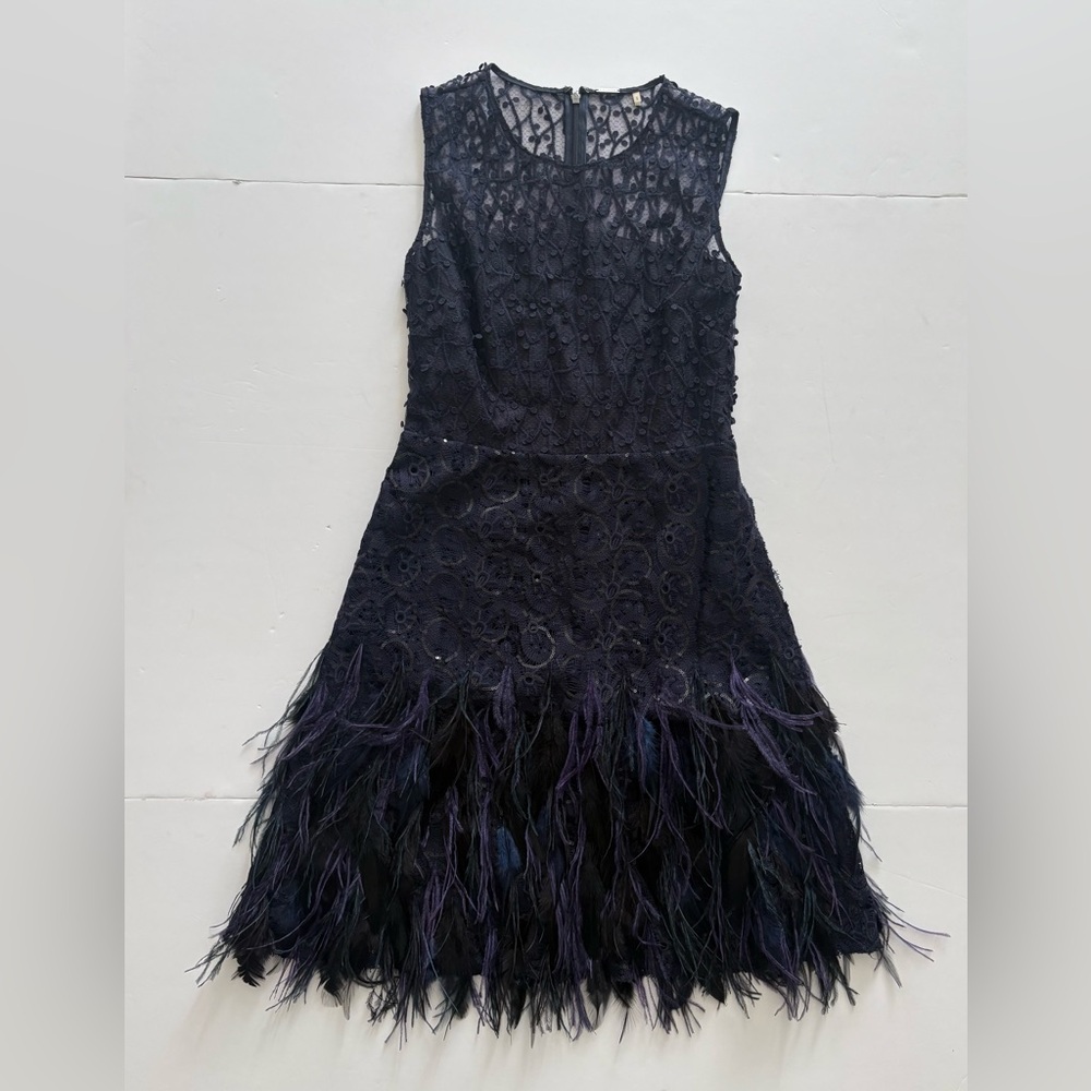 Elie Tahari Annabelle Feather-Trimmed Embellished Gauze Dress Navy Blue 0 - Picture 4 of 9